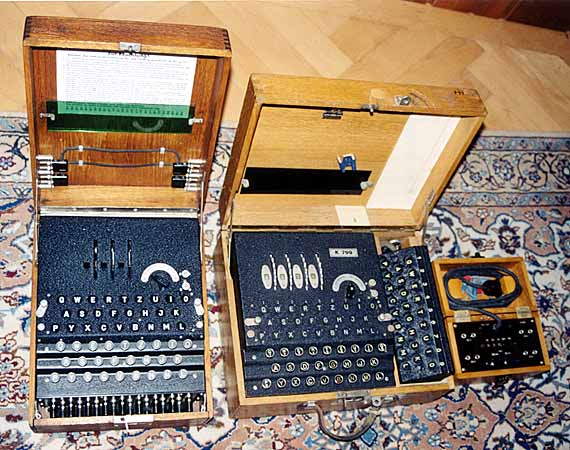 A view of the K Enigma next to a WW-II German Army Enigma for size comparison